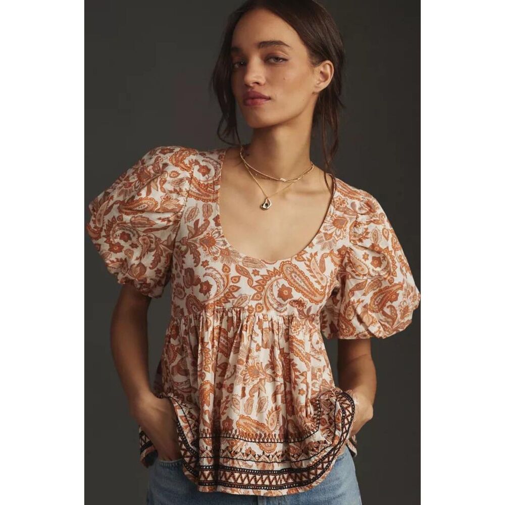 Anthropologie Puff Sleeve Babydoll Blouse S Orange Paisley Embroidered Cotton